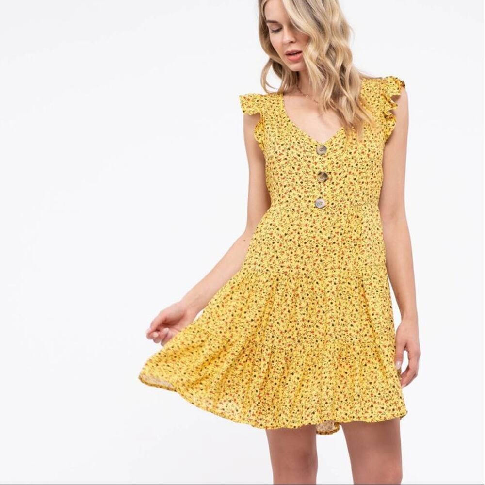 Yellow Floral Sleeveless Summer Dress Size Medium